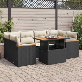6 részes fekete polyrattan akácfa kerti ülőgarnitúra párnákkal