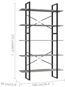 5 szintes betonszürke szerelt fa könyvszekrény 100x30x175 cm