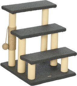PawHut 3-Lépcsős Macska Lépcső, 48 cm Macska Lépcső Zsindelyoszlopal, Kutyás Lépcső Játszóballal, Belépési Segédeszköz Magas Ágyakhoz, Fenyőfa, Szürke