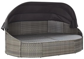 Szürke polyrattan kültéri napozóágy napellenzővel