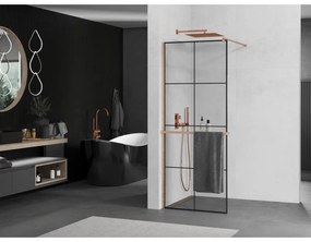 Mexen Kioto+, Walk-In zuhanyparaván polccal és akasztóval 70 x 200 cm, 8 mm átlátszó üveg fekete mintás, réz matt profil, 800-070-121-65-77