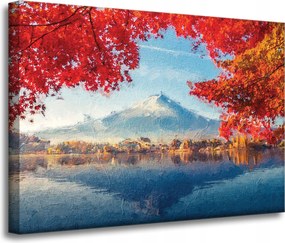 Vászonkép Színes levelek Város Hegy Víz 70x50 cm