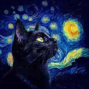 Canvas Vászonkép Olaj Van Gogh Csillagos Éj Fekete Macska 40x40