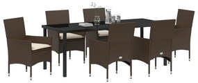 7 Darabos Kerti Étkezőkészlet Párnákkal Barna Poli Rattan, Kerti Asztal Fekete 200x80x73 cm Edzett Üveg