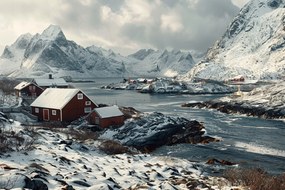 Vászonkép Canvas Norvégia Téli Fjord Hegyek Házak Skandinávia 120x80