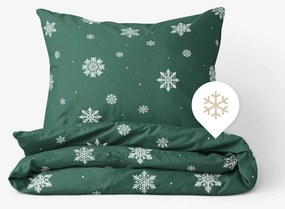 Goldea flanel ágyneműhuzat - hópelyhek zöld alapon 220 x 200 és 2db 70 x 90 cm