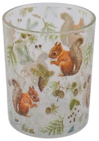 Üveg mécsestartó 10x10x12,5 cm mókusos