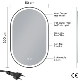 Erga Gwen, ovális LED tükör 50x100cm fekete fém keretben, 3 világos szín, elülső világítás, páramentes fűtőpárna, ERG-V01-GWEN-5010-BK