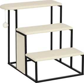 PawHut 3-Lépcsős Macska Lépcső Kutya Lépcső Kaparó Lappal és Játéklabdával Praktikus és Könnyű Pet Lépcső Acél Zsákvászon Krém Fehér+Fekete 50 cm x 53