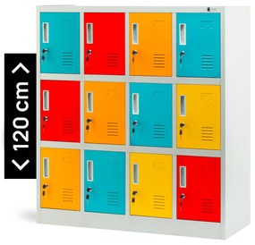 Fém öltözőszekrény, 12 rekeszes OLA, 1090 x 1200 x 450 mm, szürke-többszínű