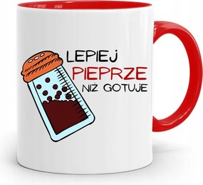 Piros Bögre Ajándék Szakácsnak Jobban Borsozik, fényképes nyomtatással