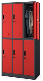 Fém öltözőszekrény 6 rekeszes IGOR, 900 x 1850 x 450 mm, antracit-piros