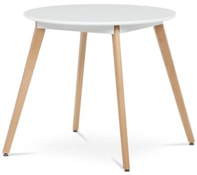 Masă rotundă, 80x80x74 cm, MDF - lac mat alb, cadru metalic, picioare din lemn