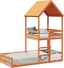 vidaXL viaszbarna tömör fenyőfa ágy emelettel és tetővel 90 x 190 cm