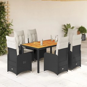 7 részes fekete polyrattan kerti bisztrógarnitúra párnákkal