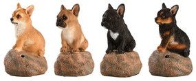 Kövön ülő ugató corgi kiskutya polyresin szobor, barna, kültéri és beltéri dekorációs kiegészítő