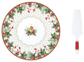 Karácsonyi porcelán tortatál lapáttal Christmas Berries