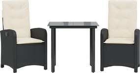 vidaXL 3 részes fekete polyrattan kerti étkezőgarnitúra párnákkal