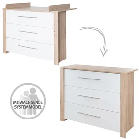 Fehér-natúr színű alacsony gyerek komód pelenkázó feltéttel, tölgyfa dekorral 112x98 cm – Roba