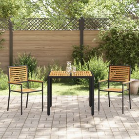 3 darabos Kerti Étkező Szett Fekete Poly Rattan Akácia, Egymásra Rakható Kerti Székek Párnákkal 2 db Fekete Poly Rattan