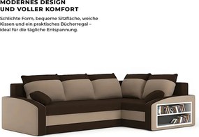 Grande sarokkanapé polcokkal , polc a jobb karfaban, jobboldali, szövet anyag, bonell töltet, barna