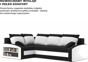 Grande sarokkanapé polcokkal , polc a bal karfaban, baloldali, szövet anyag, hab töltet, fekete - fehér
