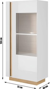Vitrines szekrény 72, fehér/tölgy grandson/magasfényű fehér, CITY