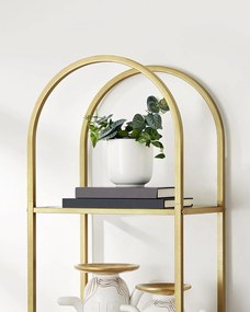 Könyvespolc, 5 szintes íves üveg tároló polc, arany színű