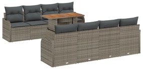 9 részes kert kanapé szett párnákkal szürke poli rattan akácia, 2 személyes kert kanapé párnákkal szürke poli rattan