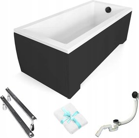 Téglalap alakú kád fekete burkolattal Modern 130x70 Besco szifon fekete lábakkal