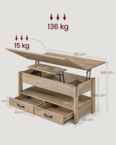 Emelhető tetejű dohányzóasztal, gázliftes, 2 fiókkal, teveszínű