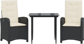 vidaXL 3 részes fekete polyrattan kerti étkezőgarnitúra párnákkal