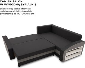 Grande sarokkanapé polcokkal , polc a jobb karfaban, jobboldali, szövet anyag, hab töltet, fekete - szürke
