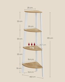 Sarokkönyvespolc, 4 szintes létrás polc 33×33×125 cm, natúr - fehér színben