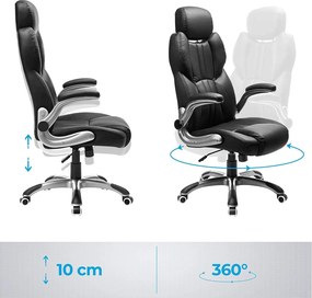 Ergonomikus irodai forgószék felhajtható karfákkal és állítható fejtámlával, fekete PU műbőr, 150 kg