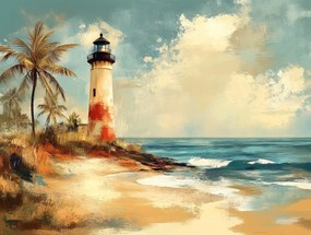 Vászonkép Canvas Világítótorony Tengerpart Hullámok Pálma Retro 80x60