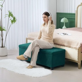 HOMCOM 84L Puff, Bársonyos Bordás Textil, Ágytalpához Illő Tároló Láda, Lábpárna Fedéllel, Nappaliba, Hálószobába, Előszobába, 112 x 42 x 40 cm, Zöld