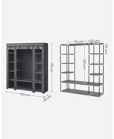 Szövet ruhásszekrény, ruhatároló gardróbszekrény, szürke