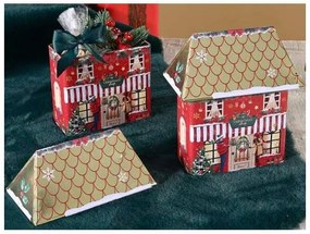 Piros Házikó alakú karácsonyi fémdoboz