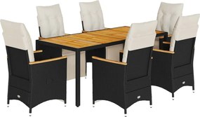 vidaXL 7 részes fekete polyrattan kerti bisztrógarnitúra párnákkal