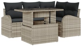 5 részes Kerti kanapékészlet párnákkal világosszürke poli rattan, 2 személyes kerti kanapé tárolóval és párnákkal világosszürke poli rattan