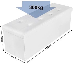 Puff 38 x 110 x 38 cm, műbőr összecsukható tároló ottomán pad, fehér
