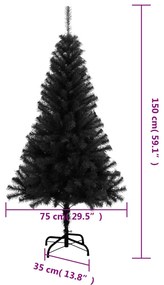 fekete PVC műkarácsonyfa állvánnyal 150 cm