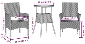 3 részes barna polyrattan/üveg kerti étkezőgarnitúra párnával