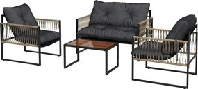 Outsunny 4 részes Kültéri Rattan Kerti Bútor Szett 1 Kétszemélyes Kanapéval, 2 Karosszékkel, Párnákkal és 1 Üveglapos Kávasztal | Aosom