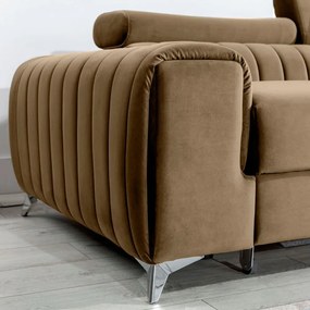 Világosbarna bársony kinyitható-tárolóhelyes sarokkanapé (jobb oldali-heverő résszel) Grayson – ELTAP