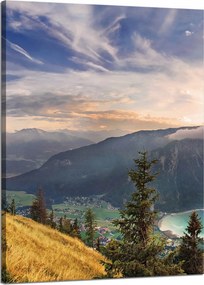 Vászonkép Nap a hegyek felett Felhők Falu 50x70 cm