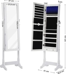 Led világító ékszerszekrény tükörrel, zárható ékszertartó 2 fiókkal, fehér