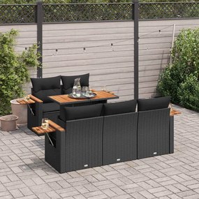 6 részes fekete polyrattan akácfa kerti ülőgarnitúra párnákkal