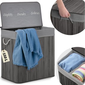 Bambusz szennyestartó kosár fedéllel, háromkamrás, 150 l, világosszürke